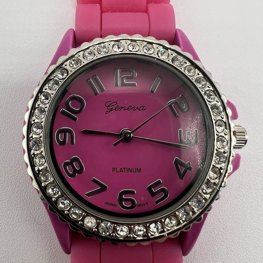 Geneva 40mm Pink Crystal Bezel Quartz Watch w/Pink Silicone Band Gift